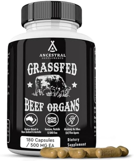 Ancestral Supplements Grass Fed Beef Organ Supplement, supports wholeBody Wellness with Proprietary Blend ofLiver, Heart, Kidney, Pancreas, Spleen,Freeze-Dried Beef, Non-GMO, 180Capsules