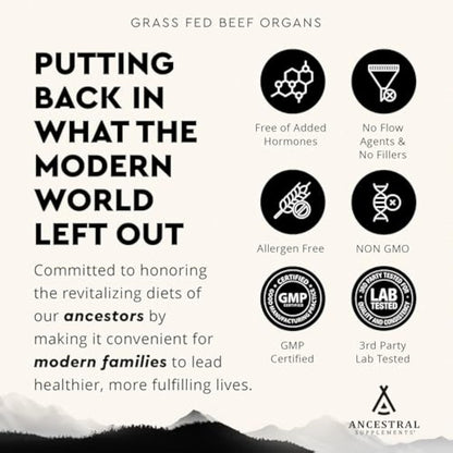 Ancestral Supplements Grass Fed Beef Organ Supplement, supports wholeBody Wellness with Proprietary Blend ofLiver, Heart, Kidney, Pancreas, Spleen,Freeze-Dried Beef, Non-GMO, 180Capsules