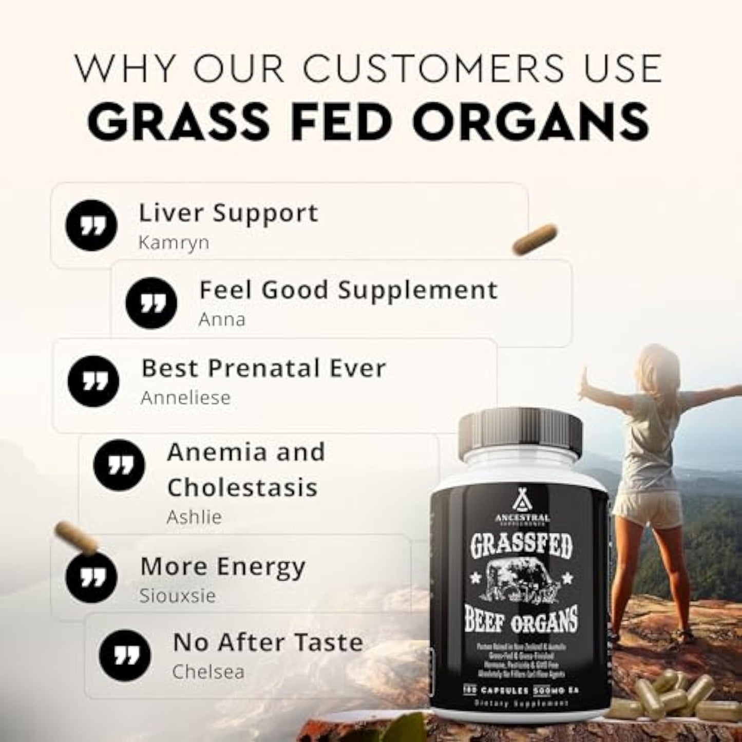 Ancestral Supplements Grass Fed Beef Organ Supplement, supports wholeBody Wellness with Proprietary Blend ofLiver, Heart, Kidney, Pancreas, Spleen,Freeze-Dried Beef, Non-GMO, 180Capsules