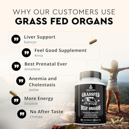 Ancestral Supplements Grass Fed Beef Organ Supplement, supports wholeBody Wellness with Proprietary Blend ofLiver, Heart, Kidney, Pancreas, Spleen,Freeze-Dried Beef, Non-GMO, 180Capsules