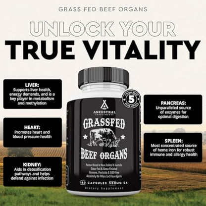 Ancestral Supplements Grass Fed Beef Organ Supplement, supports wholeBody Wellness with Proprietary Blend ofLiver, Heart, Kidney, Pancreas, Spleen,Freeze-Dried Beef, Non-GMO, 180Capsules